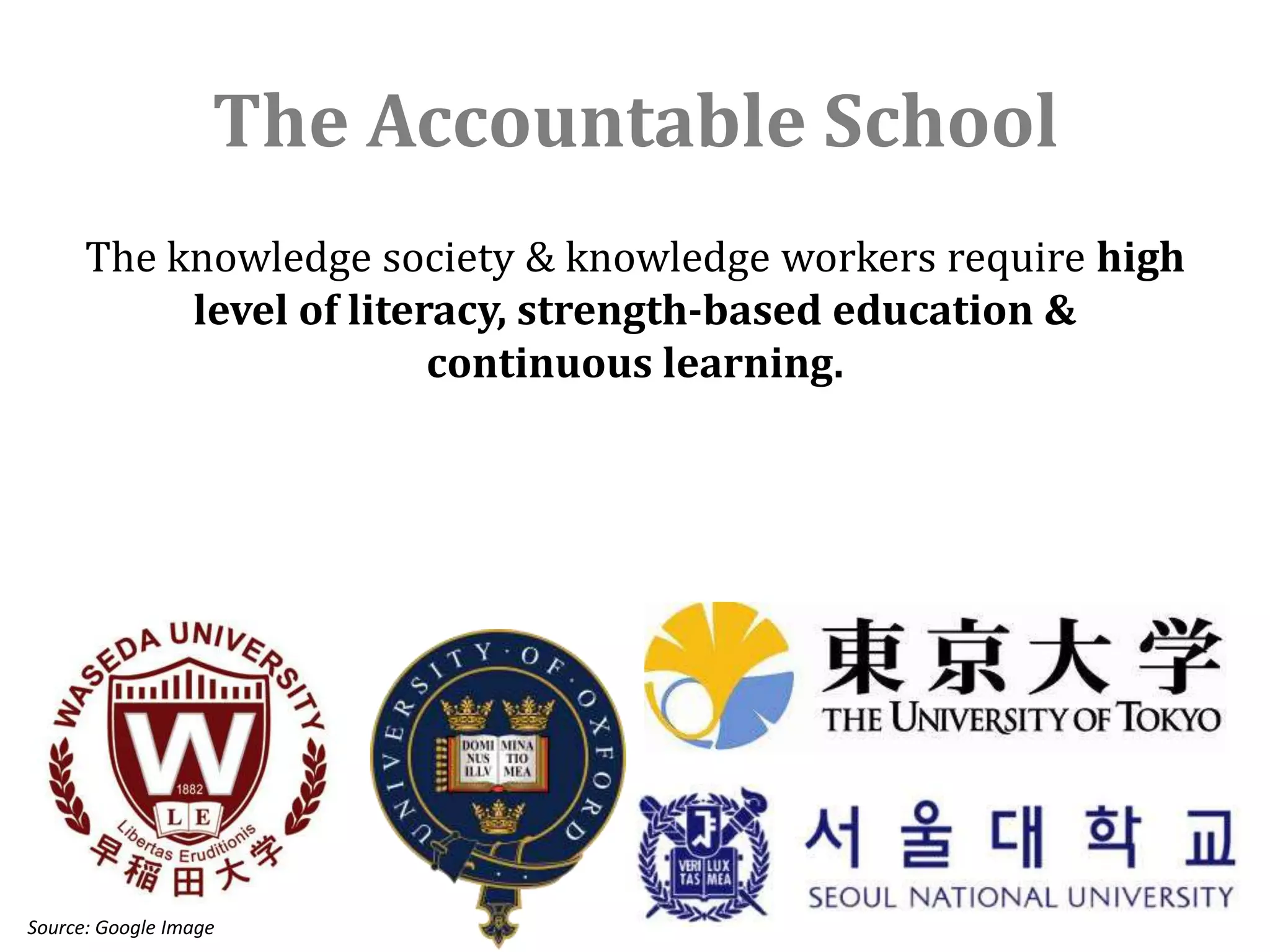 The Accountable School
      The knowledge society & knowledge workers require high
           level of literacy, strength-based education &
                         continuous learning.




Source: Google Image
 