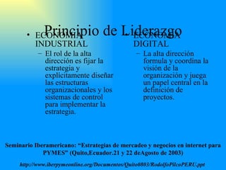Principio de Liderazgo ECONOMIA INDUSTRIAL El rol de la alta dirección es fijar la estrategia y explícitamente diseñar las estructuras organizacionales y los sistemas de control para implementar la estrategia. ECONOMIA DIGITAL La alta dirección formula y coo r dina la visión de la organización y juega un papel central en la definición de proyectos. Seminario Iberamericano: “Estrategias de mercadeo y negocios en internet para PYMES” (Quito,Ecuador.21 y 22 deAgosto de 2003) http://www.iberpymeonline.org/Documentos/Quito0803/RodolfoPilcoPERU.ppt   