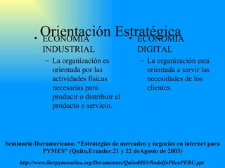 Orientación Estratégica ECONOMIA INDUSTRIAL La organización es orientada por las actividades físicas necesarias para producir o distribuir el producto o servicio. ECONOMIA DIGITAL La organización esta orientada a servir las necesidades de los clientes. Seminario Iberamericano: “Estrategias de mercadeo y negocios en internet para PYMES” (Quito,Ecuador.21 y 22 deAgosto de 2003) http://www.iberpymeonline.org/Documentos/Quito0803/RodolfoPilcoPERU.ppt   
