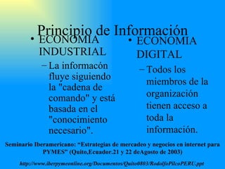 Principio de Información ECONOMIA INDUSTRIAL La informacón fluye siguiendo la "cadena de comando" y está basada en el "conocimiento necesario". ECONOMIA DIGITAL Todos los miembros de la organización tienen acceso a toda la información. Seminario Iberamericano: “Estrategias de mercadeo y negocios en internet para PYMES” (Quito,Ecuador.21 y 22 deAgosto de 2003) http://www.iberpymeonline.org/Documentos/Quito0803/RodolfoPilcoPERU.ppt   