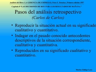 Pasos del análisis retrospectivo  (Carlos de Carlos) Reproducir la situación actual en su significado cualitativo y cuantitativo. Indagar en el pasado conocido antecedentes descriptivos de la situación correspondiente, cualitativa y cuantitativa. Reproducidos en su significado cualitativo y cuantitativo. Análisis del libro:   LA GERENCIA DE EMPRESAS ,  Peter F. Drucker ,  Primera edici ón 1957 Marisa Zúñiga Lara   Capítulo 8 “LAS DECISIONES DE HOY PARA LOS RESULTADOS DE MAÑANA.”  