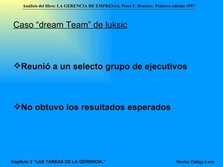 Caso “dream Team” de luksic Reunió a un selecto grupo de ejecutivos No obtuvo los resultados esperados Análisis del libro:   LA GERENCIA DE EMPRESAS ,  Peter F. Drucker ,  Primera edici ón 1957 Marisa Zúñiga Lara   Capítulo 2 “LAS TAREAS DE LA GERENCIA.” 