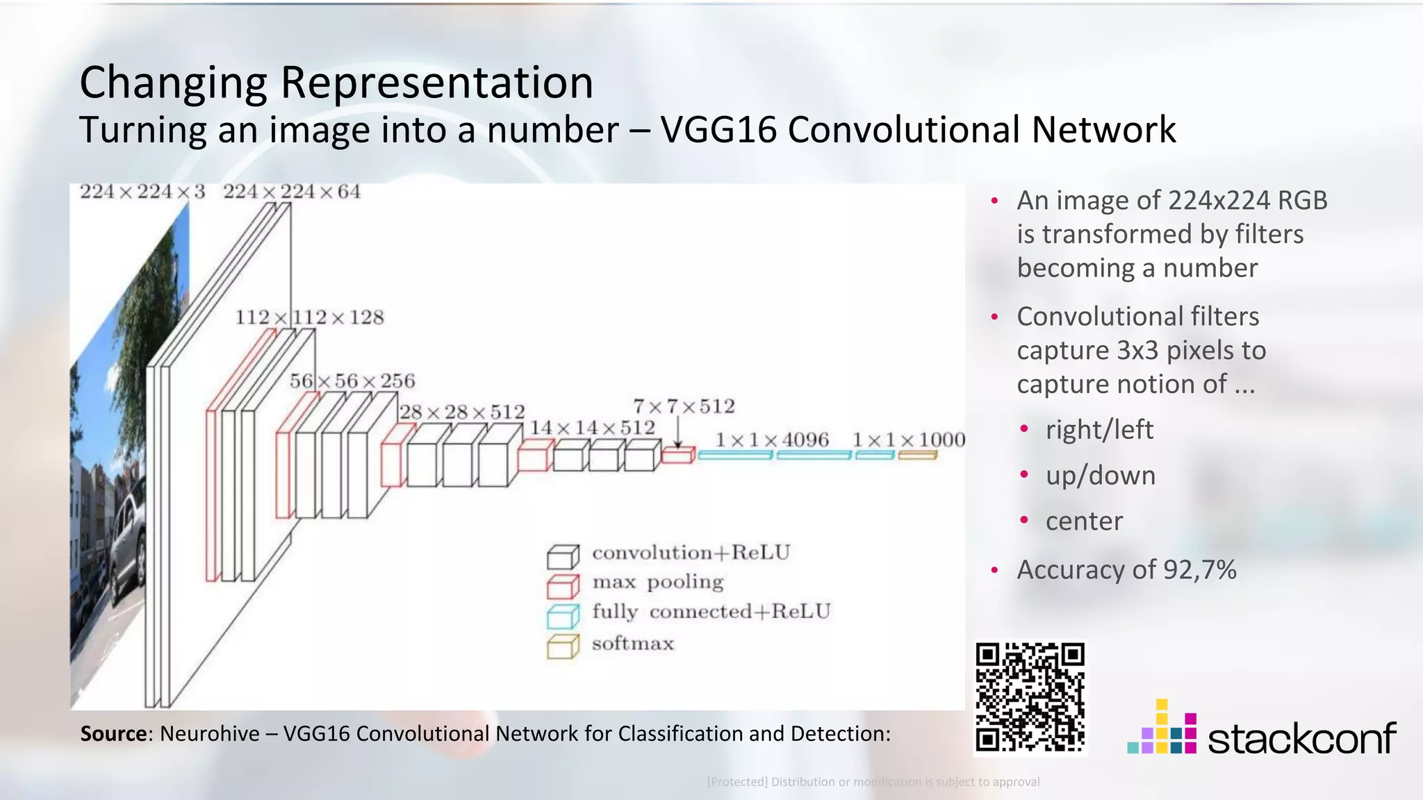 17 ©2021 Check Point Software Technologies Ltd. [Protected] Distribution or modification is subject to approval ​ • An image of 224x224 RGB is transformed by filters becoming a number • Convolutional filters capture 3x3 pixels to capture notion of ... • right/left • up/down • center • Accuracy of 92,7% Changing Representation Turning an image into a number – VGG16 Convolutional Network Source: Neurohive – VGG16 Convolutional Network for Classification and Detection: 