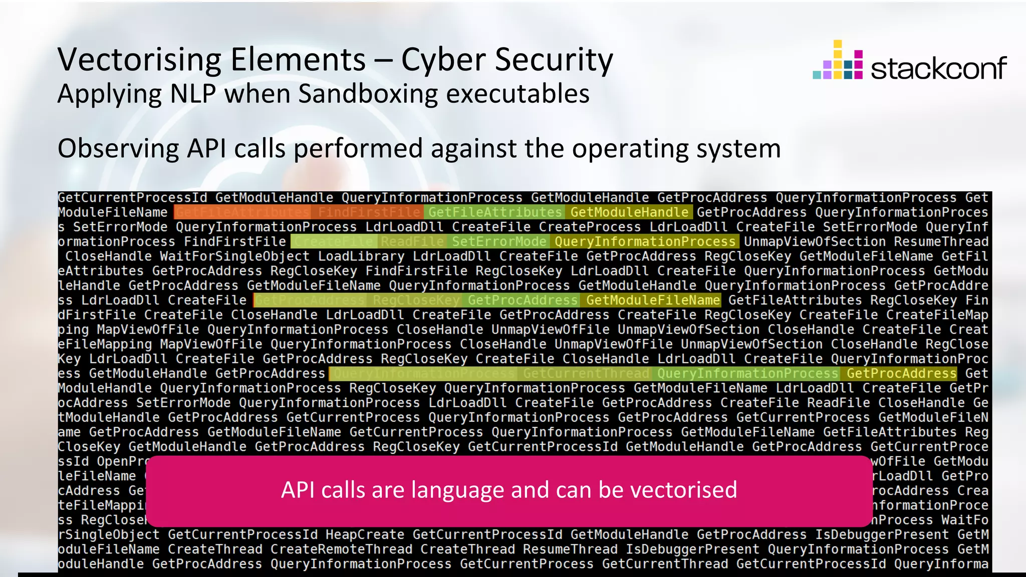 23 ©2021 Check Point Software Technologies Ltd. [Protected] Distribution or modification is subject to approval ​ Vectorising Elements – Cyber Security Applying NLP when Sandboxing executables Observing API calls performed against the operating system API calls are language and can be vectorised 