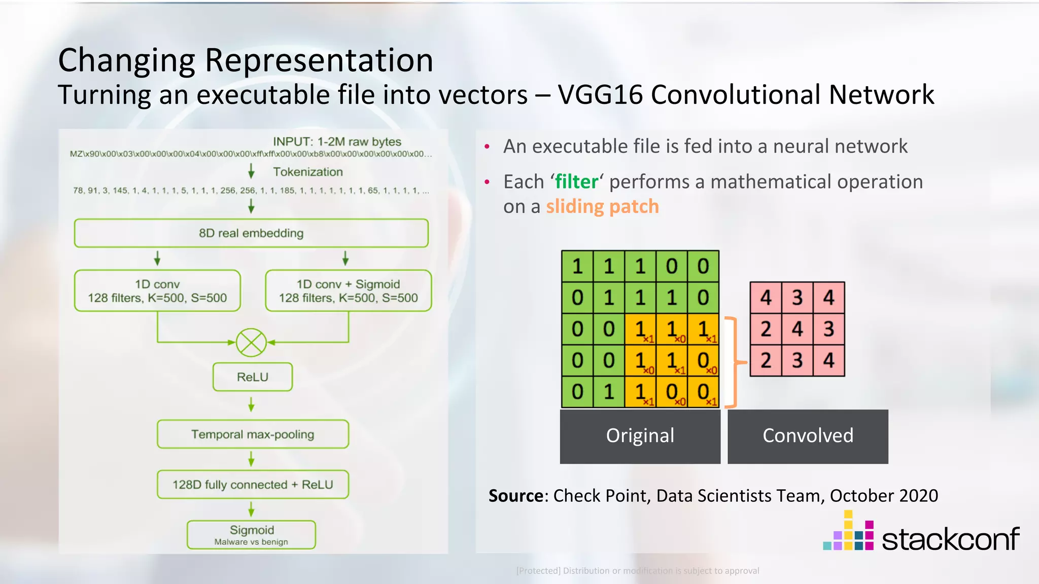 26 ©2021 Check Point Software Technologies Ltd. [Protected] Distribution or modification is subject to approval ​ • An executable file is fed into a neural network • Each ‘filter‘ performs a mathematical operation on a sliding patch Changing Representation Turning an executable file into vectors – VGG16 Convolutional Network Source: Check Point, Data Scientists Team, October 2020 Original Convolved 