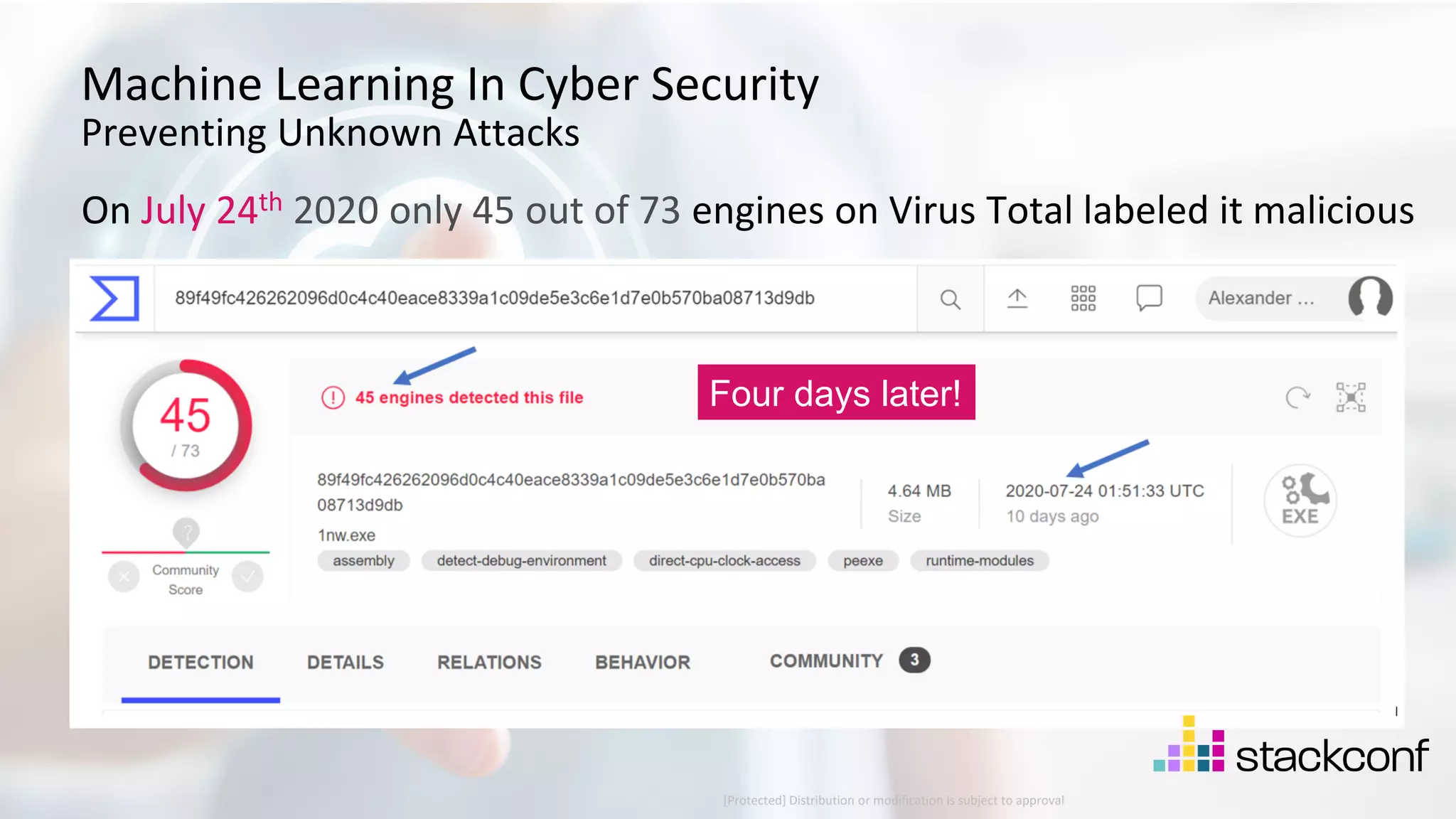 29 ©2021 Check Point Software Technologies Ltd. Machine Learning In Cyber Security Preventing Unknown Attacks On July 24th 2020 only 45 out of 73 engines on Virus Total labeled it malicious [Protected] Distribution or modification is subject to approval ​ Four days later! 