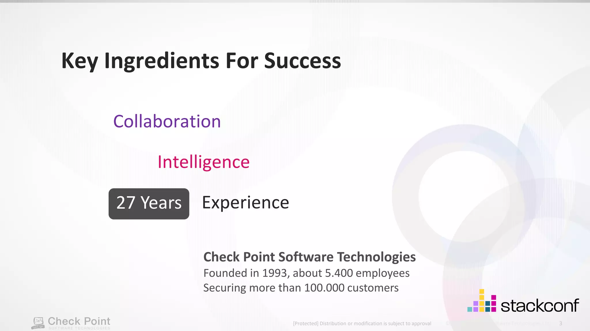 3 ©2021 Check Point Software Technologies Ltd. [Protected] Distribution or modification is subject to approval ​ Collaboration Intelligence Experience Key Ingredients For Success Check Point Software Technologies Founded in 1993, about 5.400 employees Securing more than 100.000 customers 27 Years 