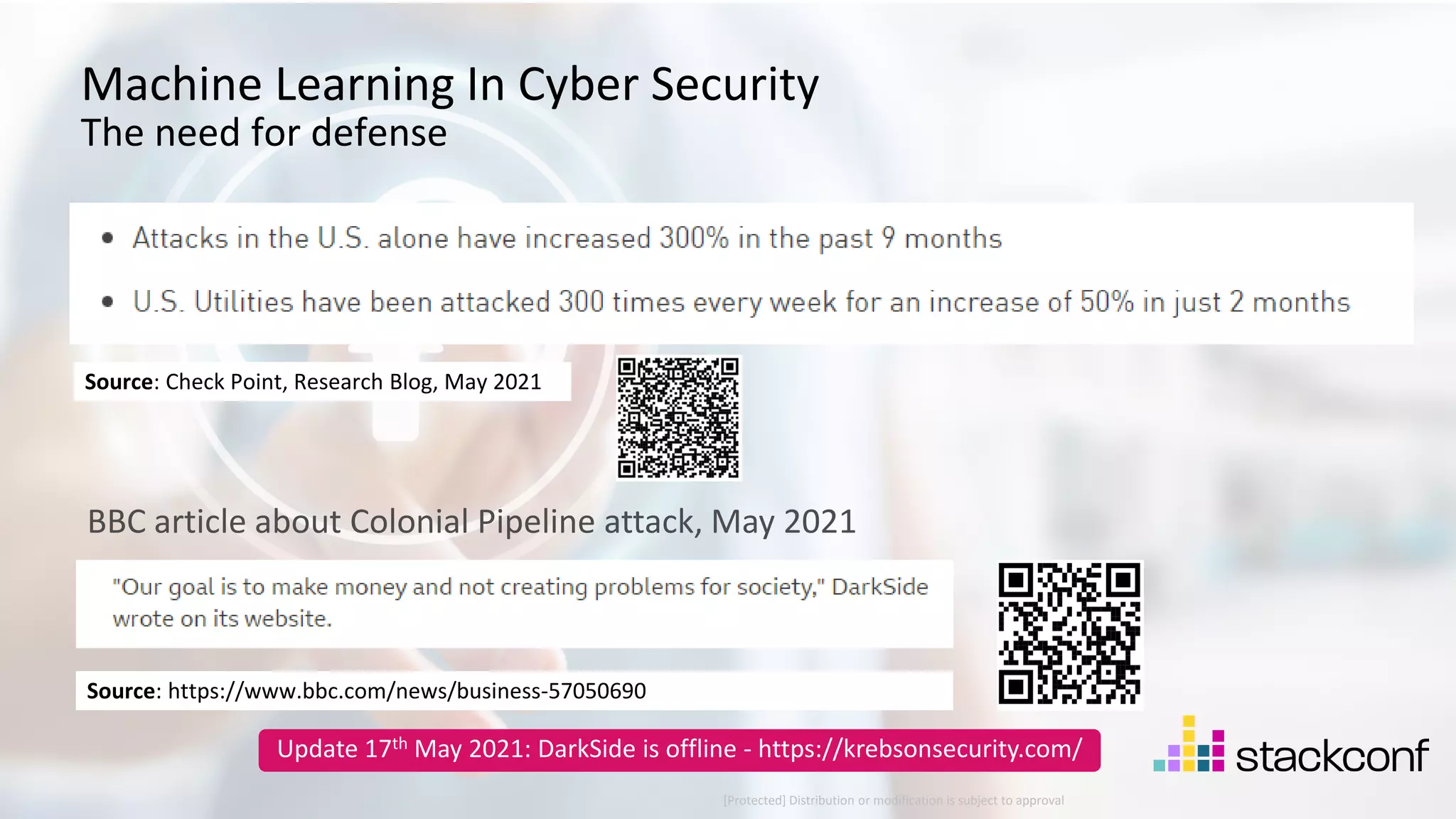 34 ©2021 Check Point Software Technologies Ltd. Machine Learning In Cyber Security The need for defense BBC article about Colonial Pipeline attack, May 2021 [Protected] Distribution or modification is subject to approval ​ Source: https://www.bbc.com/news/business-57050690 Source: Check Point, Research Blog, May 2021 Update 17th May 2021: DarkSide is offline - https://krebsonsecurity.com/ 