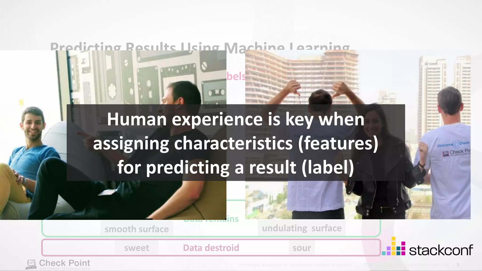 5 ©2021 Check Point Software Technologies Ltd. [Protected] Distribution or modification is subject to approval ​ Predicting Results Using Machine Learning Humans deciding on features and labels oval round smooth surface undulating surface sweet sour ‘for pie’ ‘for vine’ Data remains Data destroid Human experience is key when assigning characteristics (features) for predicting a result (label) 