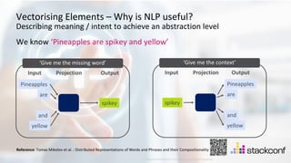 21
©2021 Check Point Software Technologies Ltd.
[Protected] Distribution or modification is subject to approval ​
Vectorising Elements – Why is NLP useful?
Describing meaning / intent to achieve an abstraction level
Pineapples
We know ‘Pineapples are spikey and yellow’
are
spikey
and
yellow
Input Projection Output
‘Give me the missing word’
Pineapples
are
spikey
and
yellow
Input Projection Output
‘Give me the context’
Reference: Tomas Mikolov et al. : Distributed Representations of Words and Phrases and their Compositionality
 
