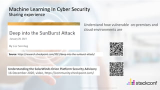 33
©2021 Check Point Software Technologies Ltd.
Machine Learning In Cyber Security
Sharing experience
Understand how vulnerable on-premises and
cloud environments are
[Protected] Distribution or modification is subject to approval ​
Source: https://research.checkpoint.com/2021/deep-into-the-sunburst-attack/
Understanding the SolarWinds Orion Platform Security Advisory
16-December 2020, video, https://community.checkpoint.com/
 