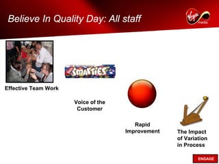 Believe In Quality Day: All staff




Effective Team Work

                      Voice of the
                       Customer

                                        Rapid
                                     Improvement   The Impact
                                                   of Variation
                                                   in Process

                                                           ENGAGE
 