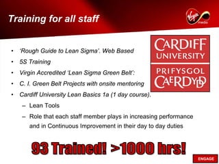 Training for all staff


•   ‘Rough Guide to Lean Sigma’. Web Based
•   5S Training
•   Virgin Accredited ‘Lean Sigma Green Belt’:
•   C. I. Green Belt Projects with onsite mentoring
•   Cardiff University Lean Basics 1a (1 day course).
     – Lean Tools
     – Role that each staff member plays in increasing performance
       and in Continuous Improvement in their day to day duties




                                                                     ENGAGE
 