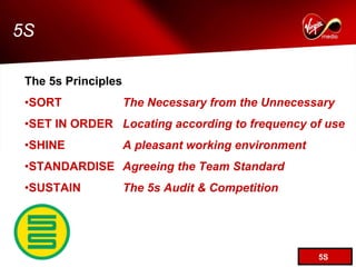 5S

 The 5s Principles
 •SORT               The Necessary from the Unnecessary
 •SET IN ORDER Locating according to frequency of use
 •SHINE              A pleasant working environment
 •STANDARDISE Agreeing the Team Standard
 •SUSTAIN            The 5s Audit & Competition




                                                      5S
 