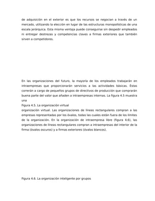 de adquisición en el exterior es que los recursos se negocian a través de un
mercado, utilizando la elección en lugar de las estructuras monopolísticas de una
escala jerárquica. Esta misma ventaja puede conseguirse sin despedir empleados
ni entregar destrezas y competencias claves a firmas exteriores que también
sirven a competidores.
En las organizaciones del futuro, la mayoría de los empleados trabajarán en
intraempresas que proporcionarán servicios a las actividades básicas. Éstas
correrán a cargo de pequeños grupos de directivos de producción que comprarán
buena parte del valor que añaden a intraempresas internas. La figura 4.5 muestra
una
Figura 4.5. La organización virtual
organización virtual. Las organizaciones de líneas rectangulares compran a las
empresas representadas por los óvalos, todas las cuales están fuera de los límites
de la organización. En la organización de intraempresa libre (figura 4.6), las
organizaciones de líneas rectangulares compran a intraempresas del interior de la
firma (óvalos oscuros) y a firmas exteriores (óvalos blancos).
Figura 4.6. La organización inteligente por grupos
 