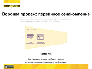 Святой KPI:
Вовлечение: время, глубина, отказы,
цепочки страниц, подписки в любом виде
Воронка продаж: первичное ознакомление
Человек начинает близко и конкретно знакомиться с предложениями, которые
остались в узком кругу после предыдущего этапа сбора информации. Идёт активное
изучение сайтов, отзывов, торговых точек вас и ваших конкурентов.
 