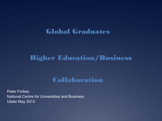 Global Graduates
Higher Education/Business
Collaboration
Peter Forbes
National Centre for Universities and Business
Ulster May 2013
 