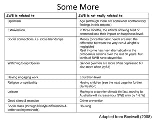 Some More
SWB is related to: SWB is not really related to:
Optimism Age (although there are somewhat contradictory
findings in this respect)
Extraversion In three months, the effects of being fired or
promoted lose their impact on happiness level.
Social connections, i.e. close friendships Money (once the basic needs are met, the
difference between the very rich & alright is
negligible)
Real income has risen dramatically in the
prosperous nations over the last 50 years, but
levels of SWB have stayed flat.
Watching Soap Operas Gender (women are more often depressed but
also more often joyful)
Having engaging work Education level
Religion or spirituality Having children (see the next page for further
clarification)
Leisure Moving to a sunnier climate (in fact, moving to
Australia will increase your SWB only by 1-2 %)
Good sleep & exercise Crime prevention
Social class (through lifestyle differences &
better coping methods)
Housing
Adapted from Boniwell (2008)
 