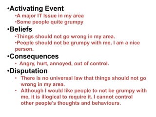 •Activating Event
•A major IT Issue in my area
•Some people quite grumpy
•Beliefs
•Things should not go wrong in my area.
•People should not be grumpy with me, I am a nice
person.
•Consequences
• Angry, hurt, annoyed, out of control.
•Disputation
• There is no universal law that things should not go
wrong in my area.
• Although I would like people to not be grumpy with
me, it is illogical to require it. I cannot control
other people’s thoughts and behaviours.
 