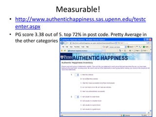 Measurable!
• http://www.authentichappiness.sas.upenn.edu/testc
enter.aspx
• PG score 3.38 out of 5. top 72% in post code. Pretty Average in
the other categories
 