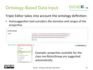 Ontology-­‐Based 
Data 
Input 
Triple 
Editor 
takes 
into 
account 
the 
ontology 
defini%on: 
• Autosugges%on 
tool 
con...