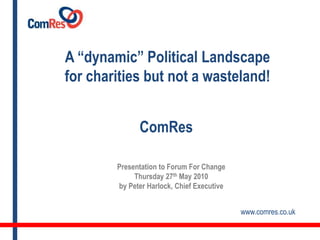 A “dynamic” Political Landscape for charities but not a wasteland! ComRes Presentation to Forum For Change Thursday 27th May 2010 by Peter Harlock, Chief Executive www.comres.co.uk 