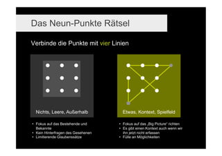 Das Neun-Punkte Rätsel

Verbinde die Punkte mit vier Linien




  Nichts, Leere, Außerhalb                                             Etwas, Kontext, Spielfeld

•  Fokus auf das Bestehende und                                     •  Fokus auf das „Big Picture“ richten
   Bekannte                                                         •  Es gibt einen Kontext auch wenn wir
•  Kein Hinterfragen des Gesehenen                                     ihn jetzt nicht erfassen
•  Limitierende Glaubenssätze                                       •  Fülle an Möglichkeiten
     http://www.slideshare.net/Lumiknows/creativity-design-thinking-and-how-these-have-to-do-with-innovation-entrepreneurship
                                                                                                                     04.12.2006   8
 