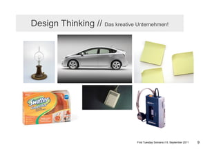 Design Thinking // Das kreative Unternehmen!
                           Die meisten Betrachter stellen sich
                           eine Grenze rund um die Punkte vor.
                           Deshalb suchen sie eine Verbindung
                           innerhalb dieser Grenze.
                           Das Rätsel kann nur gelöst werden
                           wenn wir uns bewußt werden, dass es
                           keine Grenze gibt.

                           Daniel Kies;
                           Prof. am College of DuPage




                                   First Tuesday Solvians // 6. September 2011   9
 