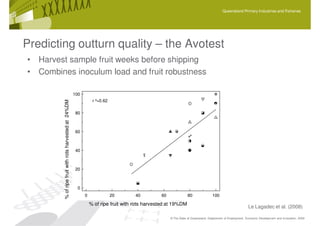 Queensland Primary Industries and Fisheries




Predicting outturn quality – the Avotest
• Harvest sample fruit weeks before shipping
• Combines inoculum load and fruit robustness

                                                        100
                                                                   r ²=0.62
         % of ripe fruit with rots harvested at 24%DM




                                                        80



                                                        60



                                                        40



                                                        20



                                                         0
                                                              0               20      40          60               80               100

                                                                  % of ripe fruit with rots harvested at 19%DM
                                                                                                                                                             Le Lagadec et al. (2008)

                                                                                                       © The State of Queensland, Department of Employment, Economic Development and Innovation, 2009
 