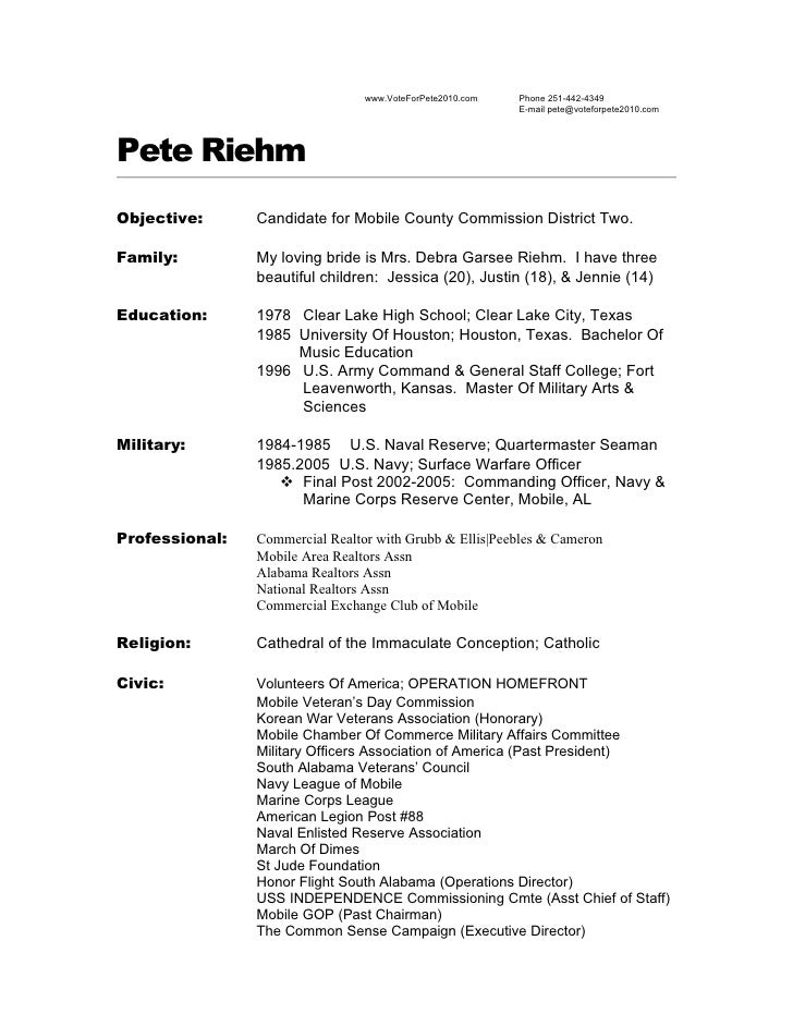 pete riehm resume 2010 candidate for mobile county commission distr