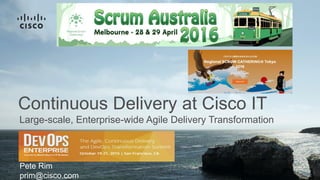 Large-scale, Enterprise-wide Agile Delivery Transformation
Continuous Delivery at Cisco IT
Pete Rim
prim@cisco.com
 