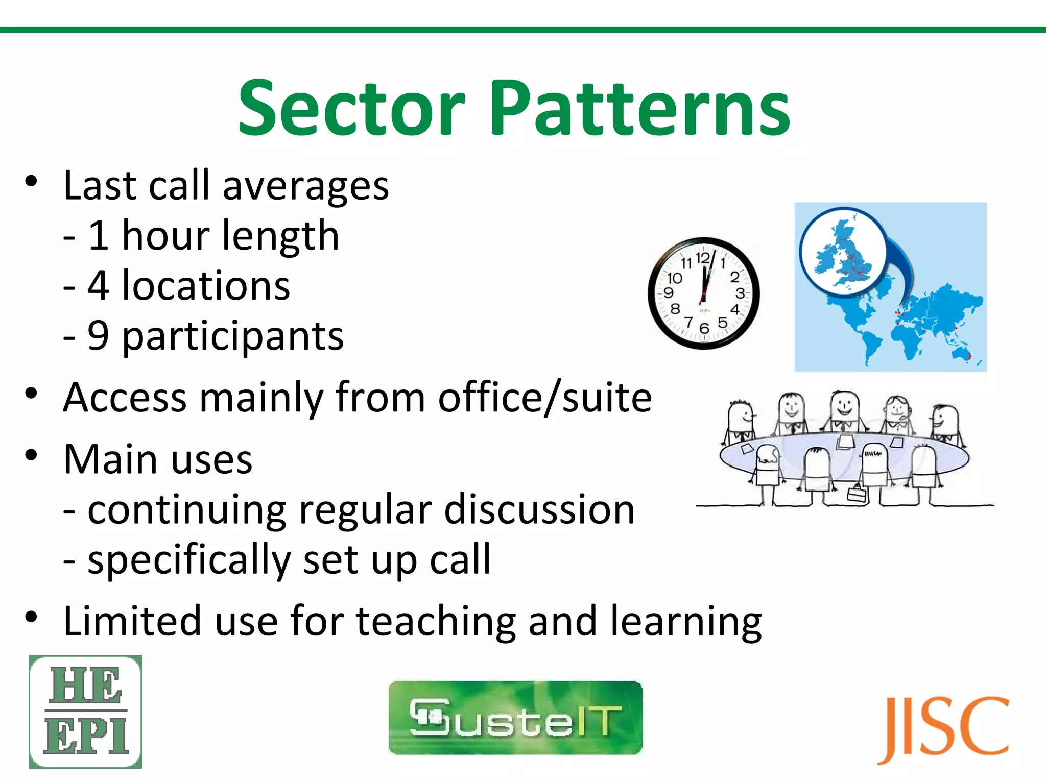 Sector Patterns
• Last call averages
  - 1 hour length
  - 4 locations
  - 9 participants
• Access mainly from office/suite
• Main uses
  - continuing regular discussion
  - specifically set up call
• Limited use for teaching and learning
 