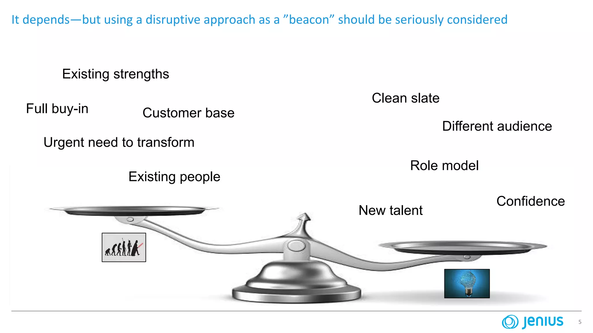 5
It depends—but using a disruptive approach as a ”beacon” should be seriously considered
Confidence
Clean slate
Different audience
Customer base
Role model
Existing strengths
New talent
Existing people
Urgent need to transform
Full buy-in
 