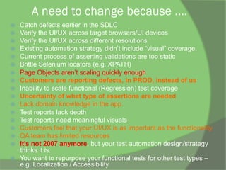 A need to change because ....
ž  Catch defects earlier in the SDLC
ž  Verify the UI/UX across target browsers/UI devices
ž  Verify the UI/UX across different resolutions
ž  Existing automation strategy didn’t include “visual” coverage.
ž  Current process of asserting validations are too static
ž  Brittle Selenium locators (e.g. XPATH)
ž  Page Objects aren’t scaling quickly enough
ž  Customers are reporting defects, in PROD, instead of us
ž  Inability to scale functional (Regression) test coverage
ž  Uncertainty of what type of assertions are needed
ž  Lack domain knowledge in the app.
ž  Test reports lack depth
ž  Test reports need meaningful visuals
ž  Customers feel that your UI/UX is as important as the functionality
ž  QA team has limited resources
ž  It’s not 2007 anymore, but your test automation design/strategy
thinks it is.
ž  You want to repurpose your functional tests for other test types –
e.g. Localization / Accessibility
 