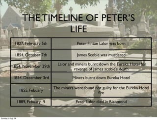 1827, February 5th Peter Fintan Lalor was born
1854, October 7th James Scobie was murdered
1854, November 29th
Lalor and miners burnt down the Eureka Hotel for
revenge of James scobie’s death
1854, December 3rd Miners burnt down Eureka Hotel
1855, Febuary
The miners were found not guilty for the Eureka Hotel
ﬁre
1889, Febuary 9 Peter Lalor died in Richmond
THE TIMELINE OF PETER’S
LIFE
Sunday, 6 July 14
 