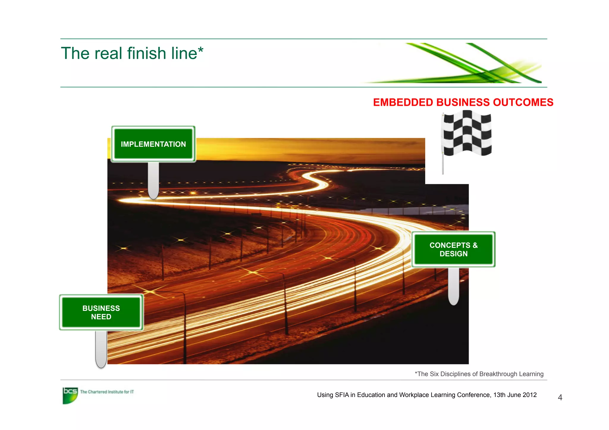 The real finish line*

                                                 EMBEDDED BUSINESS OUTCOMES


              IMPLEMENTATION




                                                                    CONCEPTS &
                                                                      DESIGN




   BUSINESS
     NEED




                                                               *The Six Disciplines of Breakthrough Learning


                               Using SFIA in Education and Workplace Learning Conference, 13th June 2012
                                                                                                               4
 