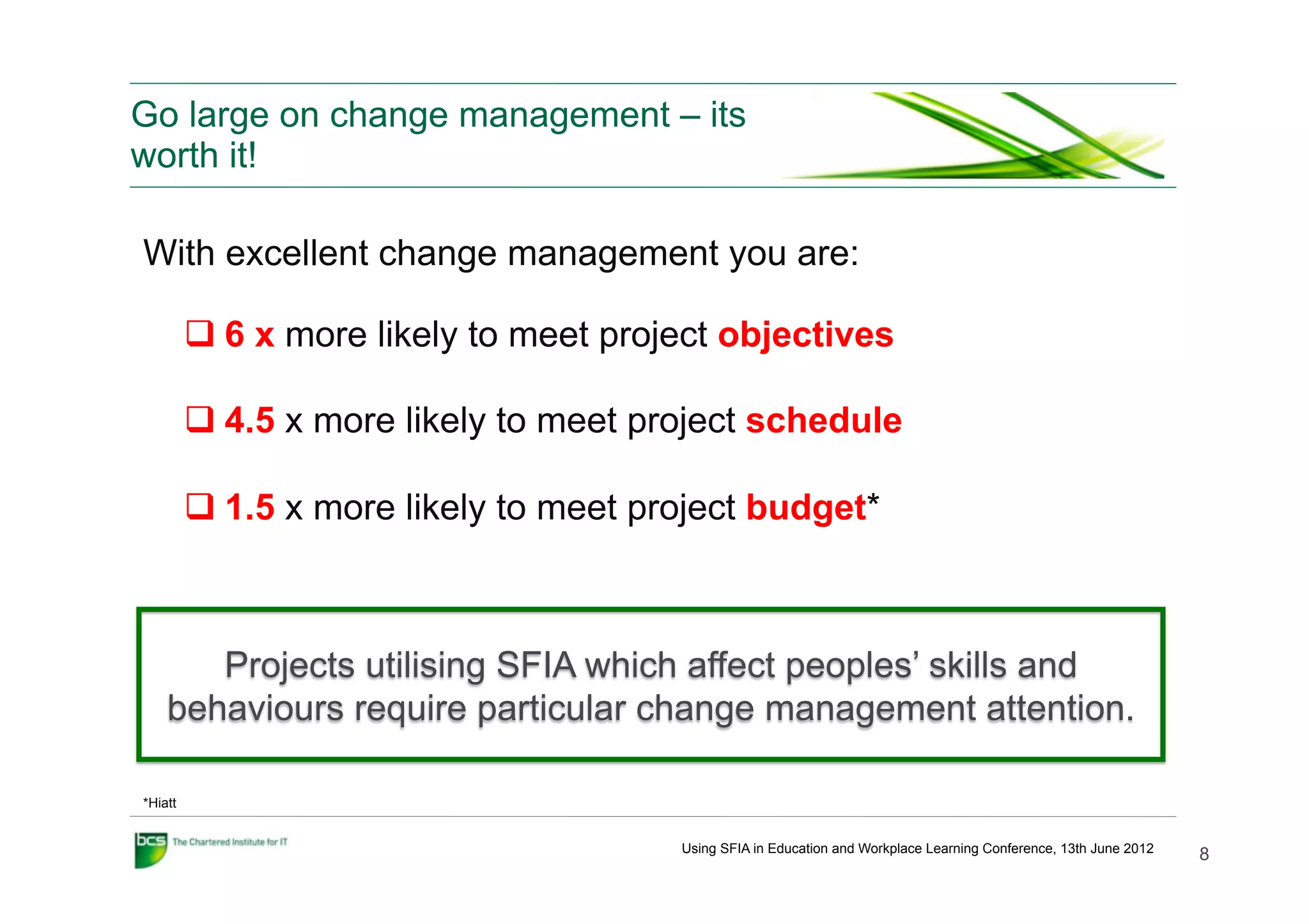 Go large on change management – its
worth it!

With excellent change management you are:

         q 6 x more likely to meet project objectives

         q 4.5 x more likely to meet project schedule

         q 1.5 x more likely to meet project budget*



       Projects utilising SFIA which affect peoples’ skills and
    behaviours require particular change management attention.

*Hiatt


                                        Using SFIA in Education and Workplace Learning Conference, 13th June 2012
                                                                                                                    8
 