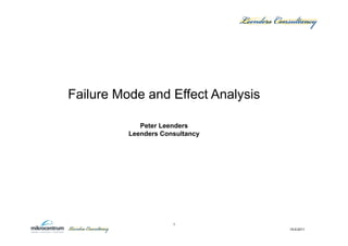 Failure Mode and Effect Analysis

             Peter Leenders
          Leenders Consultancy




                      1
                                   19-9-2011
 