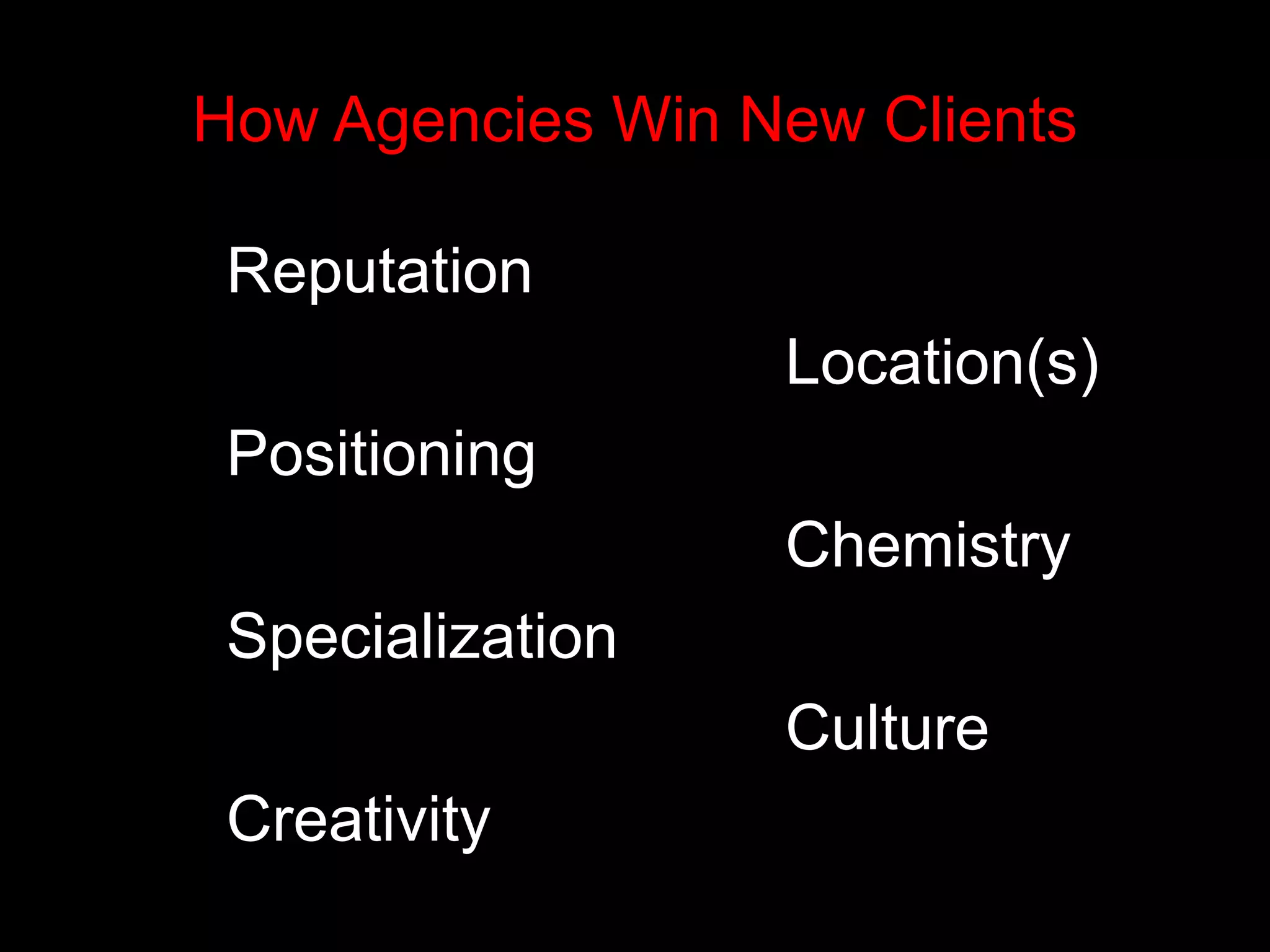 How Agencies Win New Clients 
Reputation 
Positioning 
Specialization 
Creativity 
Location(s) 
Chemistry 
Culture 
 