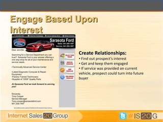 Engage Based Upon
Interest
Dear Jennifer,

Searching for a Service Department you can                                        Create Relationships:
trust? Sarasota Ford is your answer offering a
one stop shop for all of your maintenance and                                     • Find out prospect’s interest
service needs.
                                                                                  • Get and keep them engaged
•Technically Advanced Service Center
                                                                                  • If service was provided on current
•Latest Diagnostic Computer & Repair
Equipment                                                                         vehicle, prospect could turn into future
•Factory Trained Technicians
•Supplier of “OEM” Quality Parts                                                  buyer
At Sarasota Ford we look forward to serving
you!


Sincerely,
Tony Cooper
Service Manager
Tony.cooper@sarasotaford.com
941.209.1497
  As a preferred online customer PLEASE print this email and bring it with you.
 