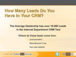 How Many Leads Do You
Have In Your CRM?

  The Average Dealership has over 10,000 Leads
       in the Internet Department CRM Tool

        Where do these leads come from:
               • Lead providers
               • Manufacturer’s site
               • Your own website
 