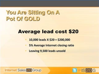 You Are Sitting On A
Pot Of GOLD

    Average lead cost $20
       • 10,000 leads X $20 = $200,000
       • 5% Average Internet closing ratio
       • Leaving 9,500 leads unsold
 