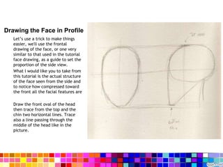 Drawing the Face in Profile
Let’s use a trick to make things
easier, we'll use the frontal
drawing of the face, or one very
similar to that used in the tutorial
face drawing, as a guide to set the
proportion of the side view.
What I would like you to take from
this tutorial is the actual structure
of the face seen from the side and
to notice how compressed toward
the front all the facial features are
Draw the front oval of the head
then trace from the top and the
chin two horizontal lines. Trace
also a line passing through the
middle of the head like in the
picture.
 
