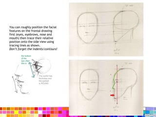 You can roughly position the facial
features on the frontal drawing
first (eyes, eyebrows, nose and
mouth) then trace their relative
position onto the side view using
tracing lines as shown.
Don’t forget the indents/contours!
 