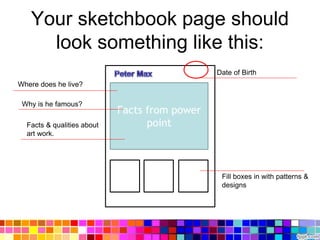 Your sketchbook page should
look something like this:
Facts from power
point
Fill boxes in with patterns &
designs
Date of Birth
Where does he live?
Why is he famous?
Facts & qualities about
art work.
 
