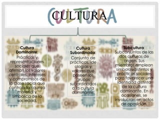 CULTURA
Cultura
Dominante:
Prácticas y
representaciones
sociales que
afirman los valores
centrales, intereses
y compromisos de
la clase social que
controla la riqueza
material y
simbólica de la
sociedad.

Cultura
Subordinada:
Conjunto de
prácticas, ide
ologías y
valores que
poseen los
grupos
subordinados
a la cultura
dominante.

Subcultura:
Subconjuntos de las
dos culturas de
origen. Sus
miembros emplean
símbolos distintos y
prácticas sociales
para favorecer una
identidad distinta
de la cultura
dominante. En
ocasiones, se
involucran en actos
de oposición.

 