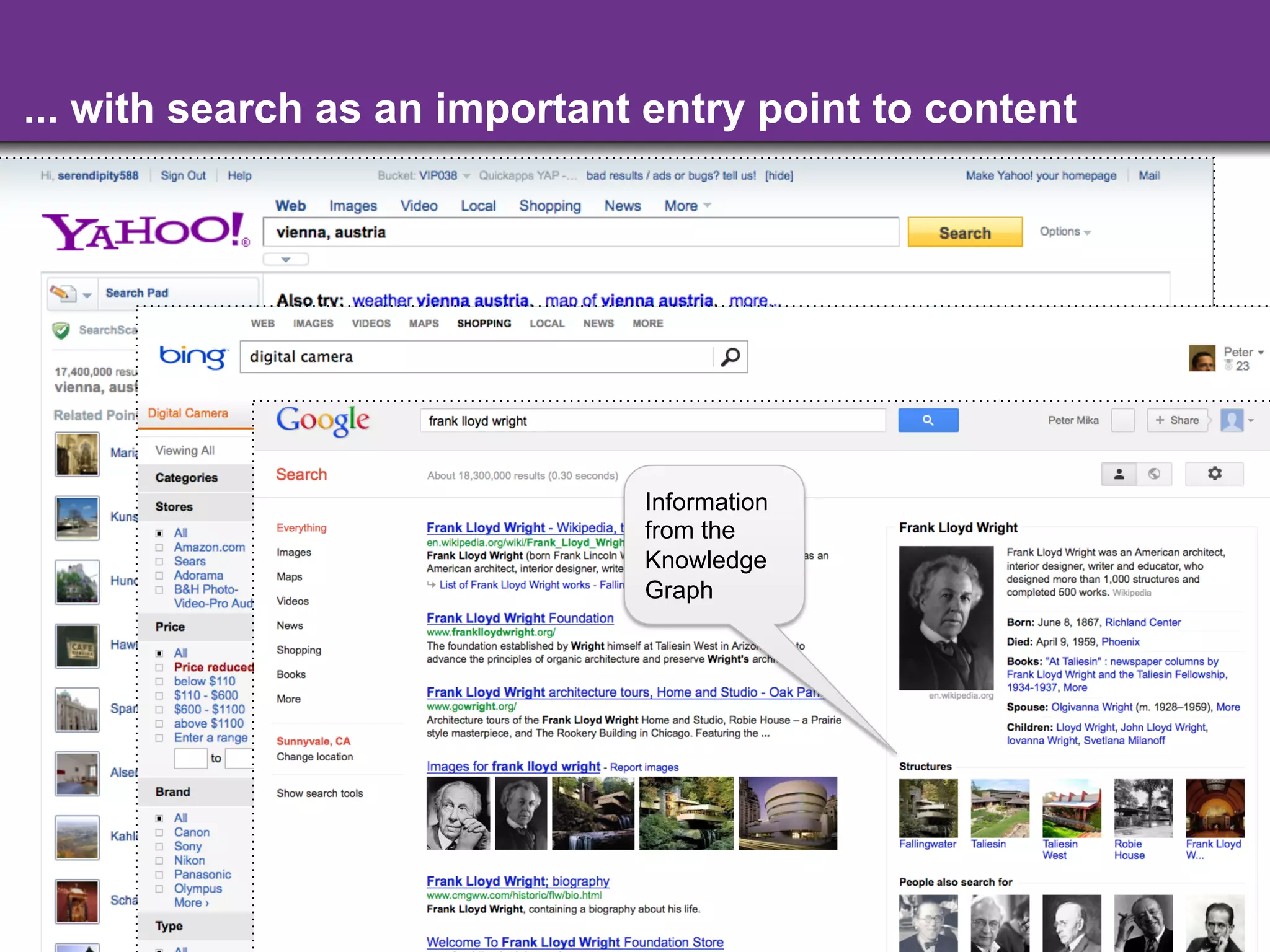... with search as an important entry point to content




         Points of                       Faceted
         interest in            Information
                                         search for   Information box with
         Vienna,                from the Shopping     content from and
         Austria                Knowledgeresults      links to Yahoo!
                                Graph                 Travel
                                            Since Aug,
                                            2010, regular
                                            search results
                                            are Powered
                                            by Bing




                              -6-
 