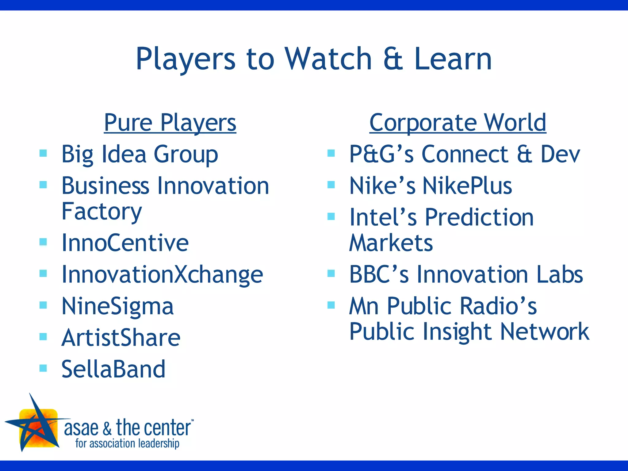 Players to Watch & Learn Pure Players Big Idea Group Business Innovation Factory InnoCentive InnovationXchange NineSigma ArtistShare SellaBand  Corporate World P&G’s Connect & Dev Nike’s NikePlus Intel’s Prediction Markets BBC’s Innovation Labs Mn Public Radio’s Public Insight Network 
