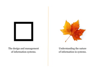 The design and management
of information systems.
Understanding the nature
of information in systems.
 