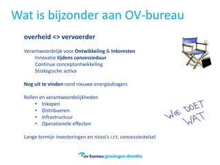 Wat is bijzonder aan OV-bureau
overheid ˂˃ vervoerder
Verantwoordelijk voor Ontwikkeling & Inkomsten
Innovatie tijdens concessieduur
Continue conceptontwikkeling
Strategische activa
Nog uit te vinden rond nieuwe energiedragers
Rollen en verantwoordelijkheden
• Inkopen
• Distribueren
• Infrastructuur
• Operationele effecten
Lange termijn investeringen en risico’s i.r.t. concessiestelsel
 